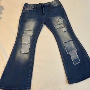 BestWind Womens Blue Denim Bootcut/‎ Bell bottom/ Flare Leg Patchwork Jeans 4XL
